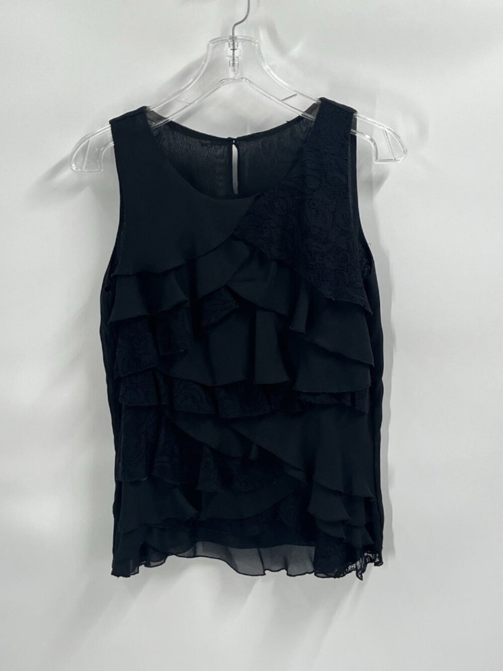Womens Sheer Black Lace Ruffle Sleeveless Top Layered Chiffon Romantic Goth